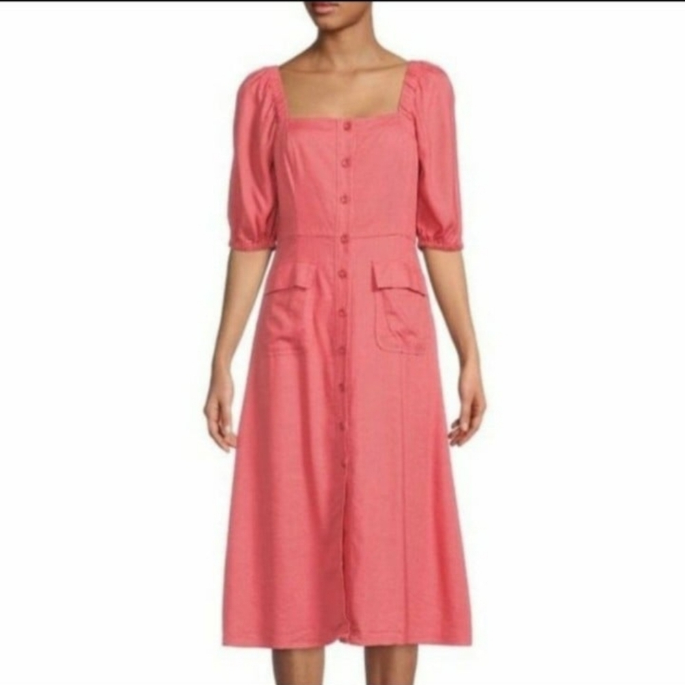 NWOT BCBGMAXAZRIA  Fit & Flare Puff Sleeves Pockets Front Button Midi DRESS Sz 0